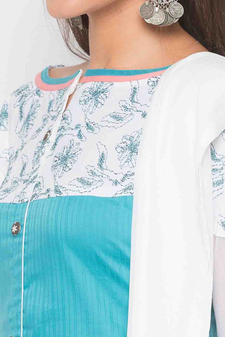 Blue Plus Size Stitched Cotton Embroidery Palazzo Pant Suit NCSS10710575
