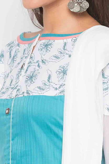 Blue Plus Size Stitched Cotton Embroidery Palazzo Pant Suit NCSS10710575