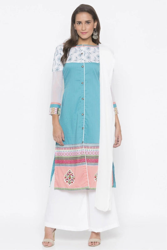 Blue Plus Size Stitched Cotton Embroidery Palazzo Pant Suit NCSS10710575
