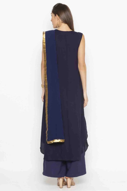 Blue Plus Size Stitched Cotton Embroidery Palazzo Pant Suit NCSS10710610