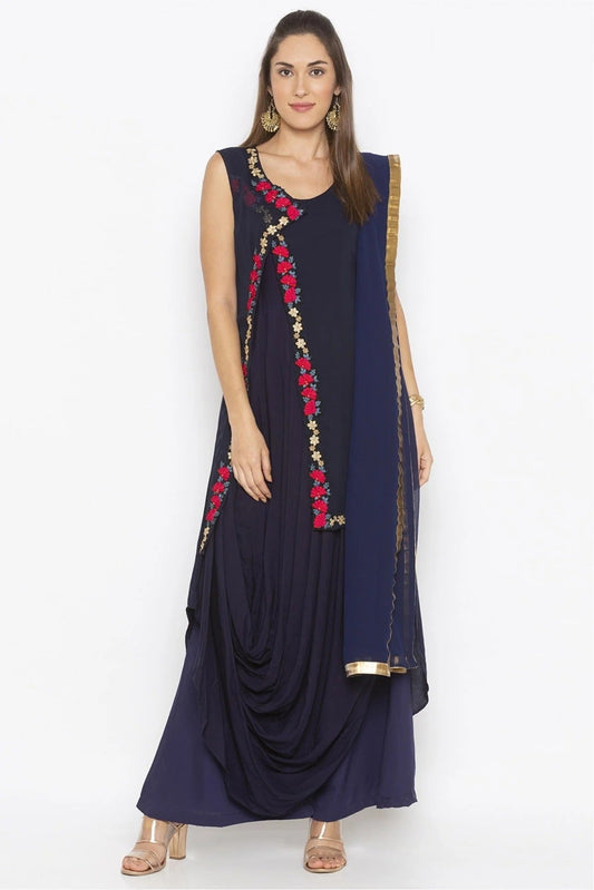 Blue Plus Size Stitched Cotton Embroidery Palazzo Pant Suit NCSS10710610