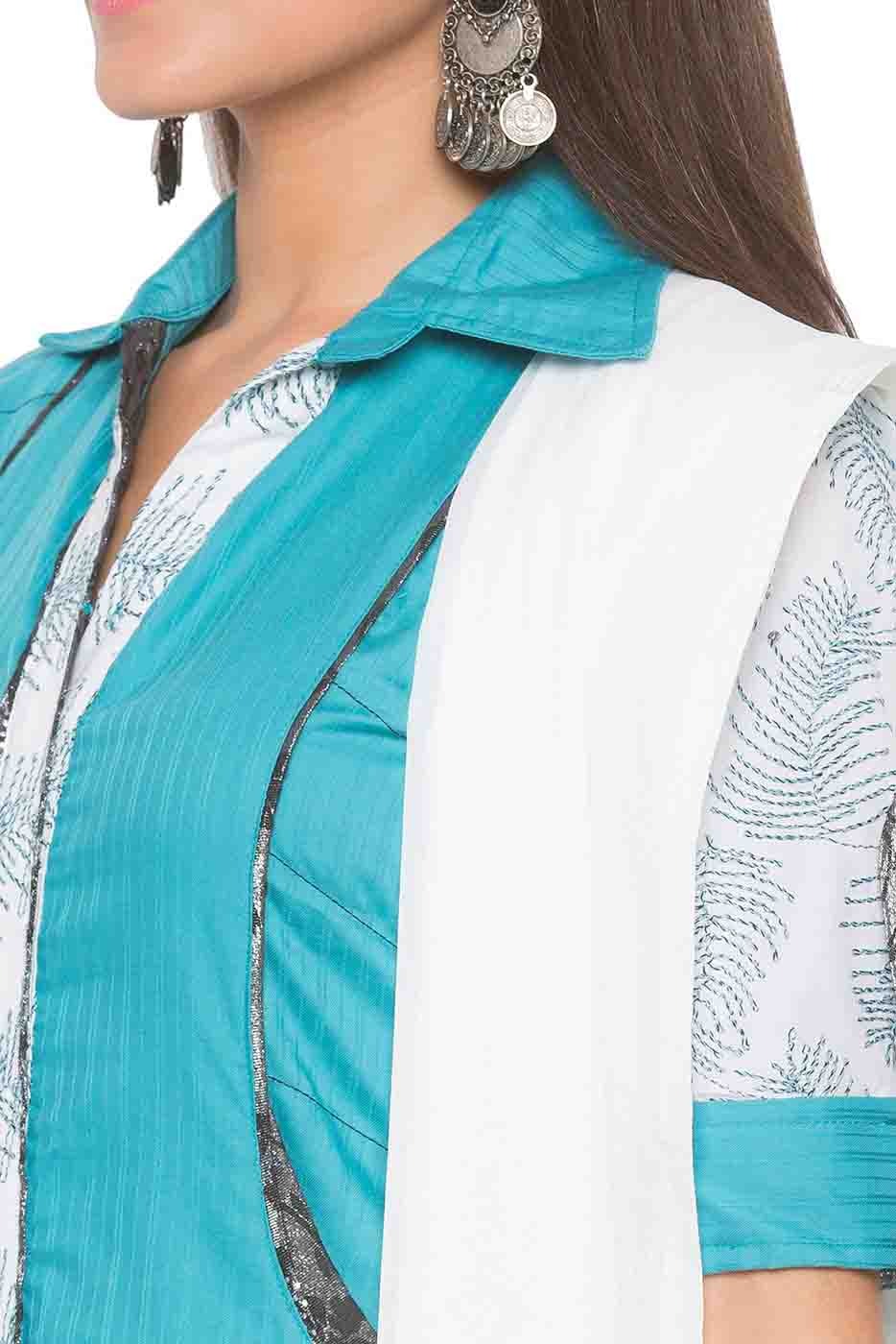 Blue Plus Size Stitched Cotton Embroidery Pant Style Suit NCSS10710570
