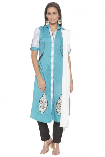 Blue Plus Size Stitched Cotton Embroidery Pant Style Suit NCSS10710570