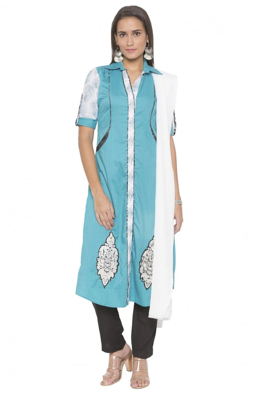 Blue Plus Size Stitched Cotton Embroidery Pant Style Suit NCSS10710570
