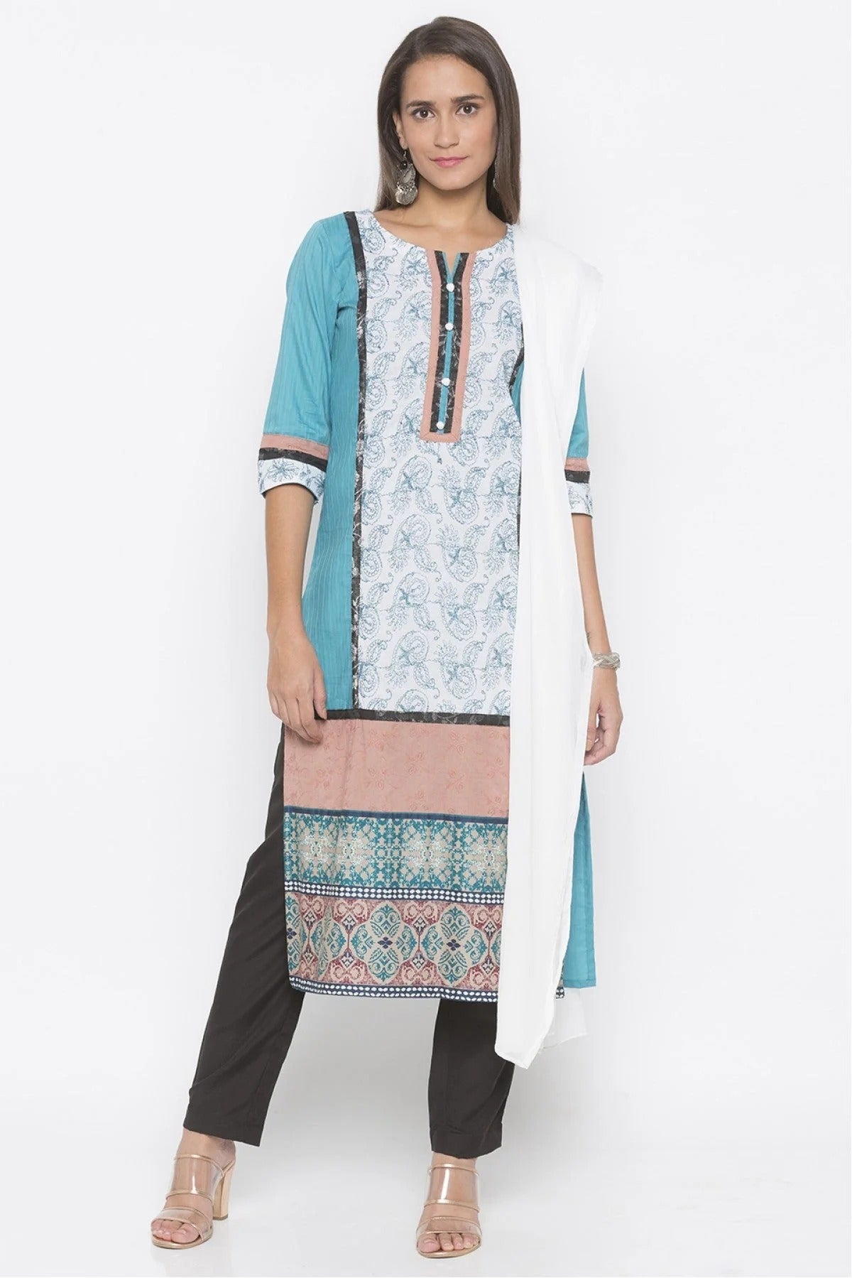 Blue Plus Size Stitched Cotton Embroidery Pant Style Suit NCSS10710585
