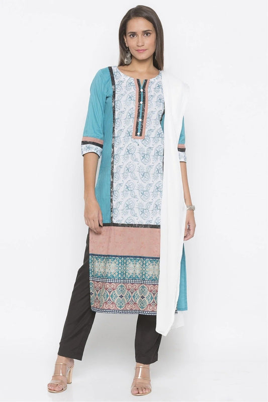Blue Plus Size Stitched Cotton Embroidery Pant Style Suit NCSS10710585