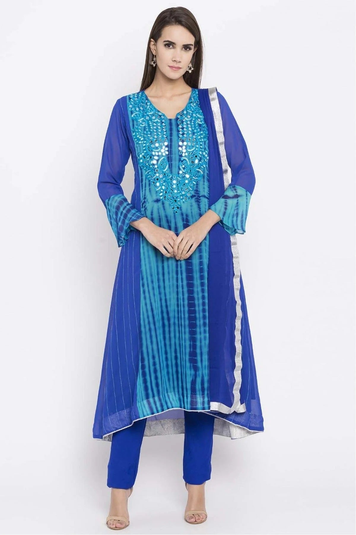 Blue Plus Size Stitched Faux Georgette Embroidery Pant Style Suit NCSS10710501