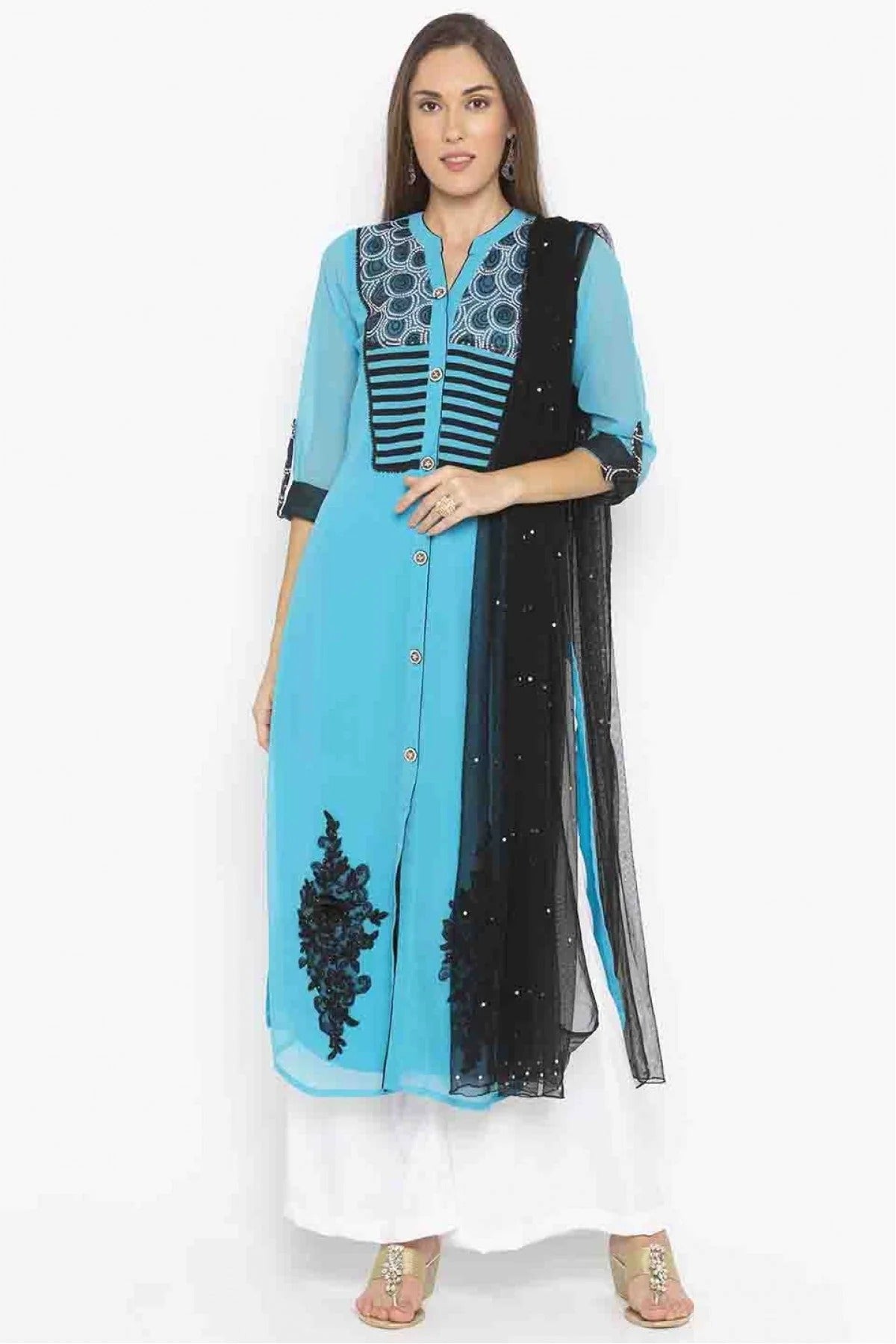 Blue Plus Size Stitched Georgette Embroidery Palazzo Pant Suit NCSS10710517