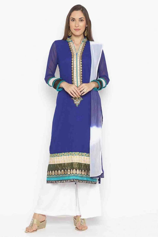 Blue Plus Size Stitched Georgette Embroidery Palazzo Pant Suit NCSS10710523