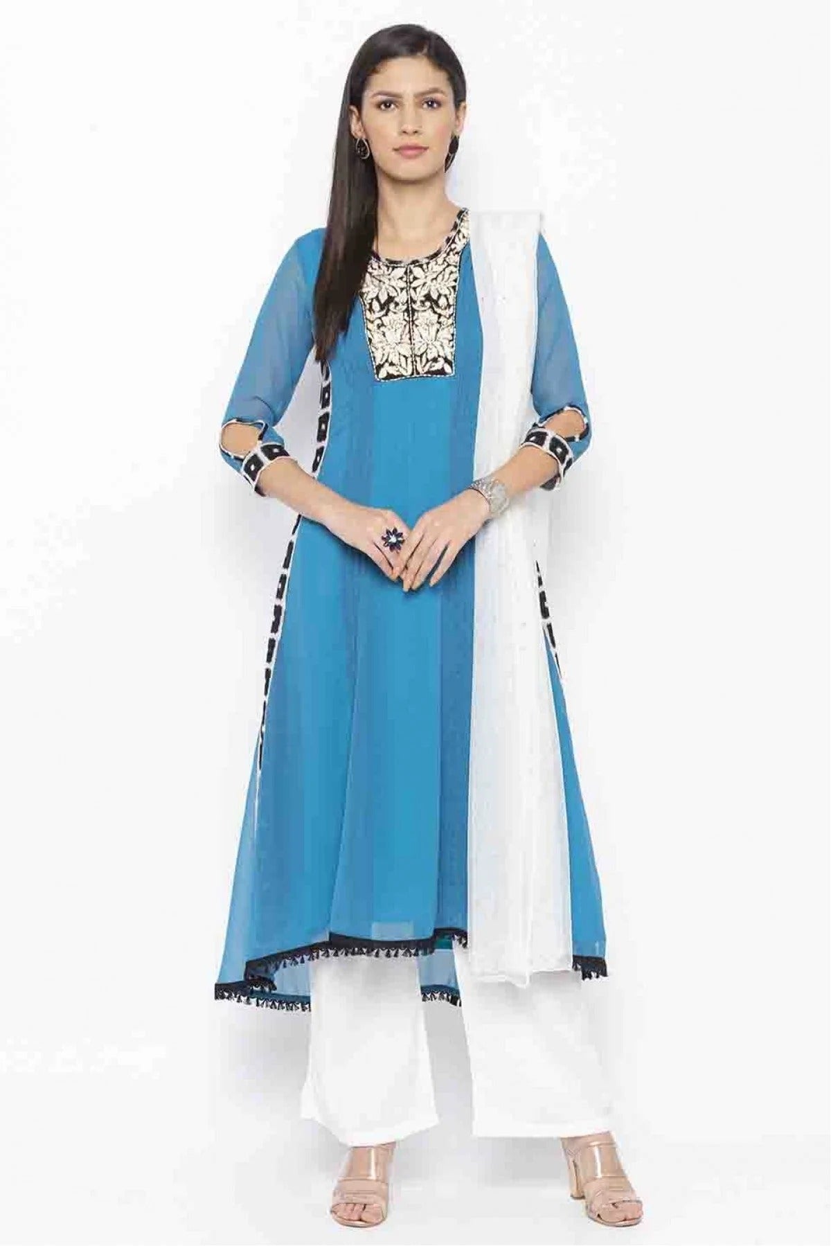 Blue Plus Size Stitched Georgette Embroidery Palazzo Pant Suit NCSS10710524