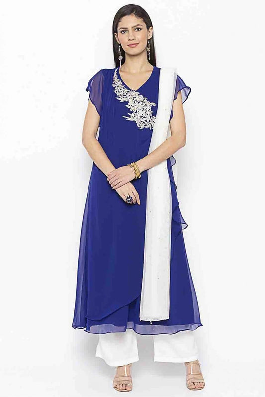 Blue Plus Size Stitched Georgette Embroidery Palazzo Pant Suit NCSS10710543