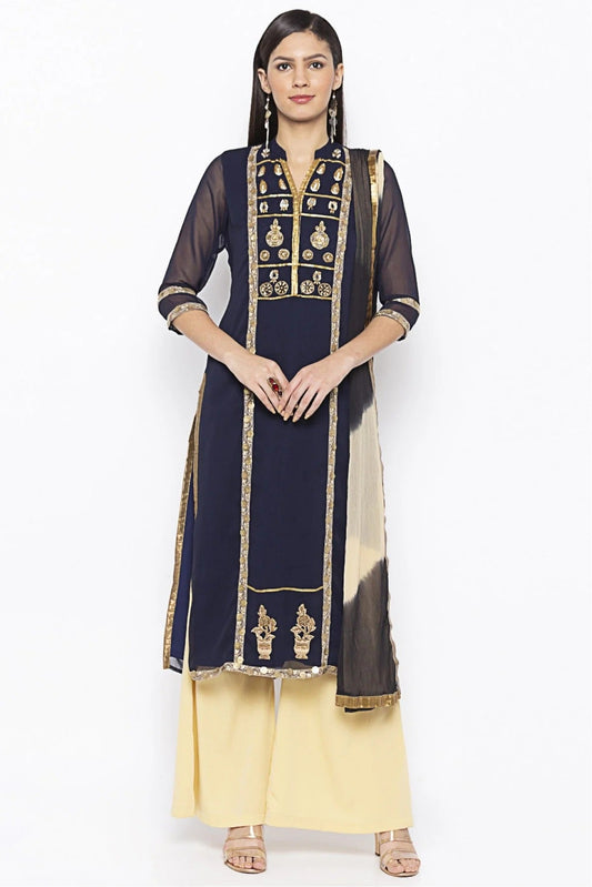 Blue Plus Size Stitched Georgette Embroidery Palazzo Pant Suit NCSS10710564
