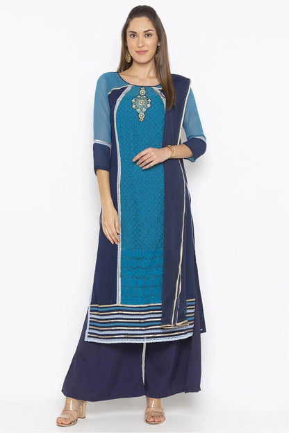 Blue Plus Size Stitched Georgette Embroidery Palazzo Pant Suit NCSS10710607