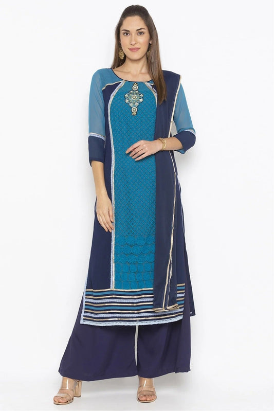 Blue Plus Size Stitched Georgette Embroidery Palazzo Pant Suit NCSS10710607