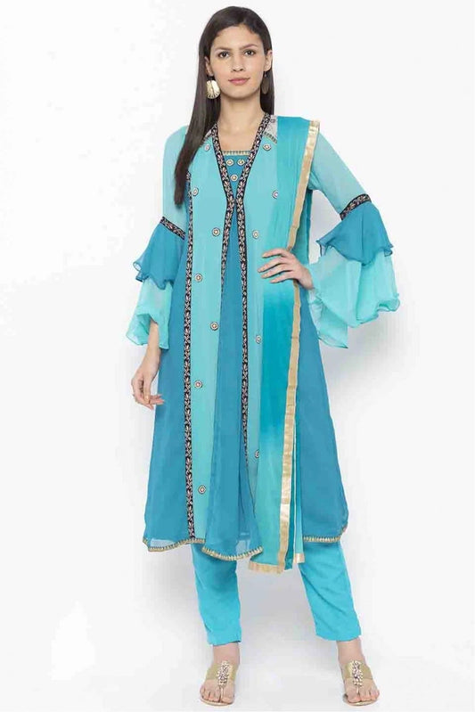 Blue Plus Size Stitched Georgette Embroidery Pant Style Suit NCSS10710528