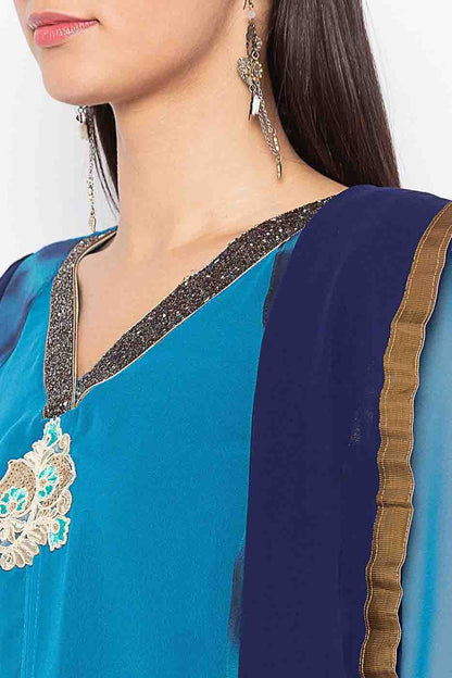 Blue Plus Size Stitched Georgette Embroidery Pant Style Suit NCSS10710558
