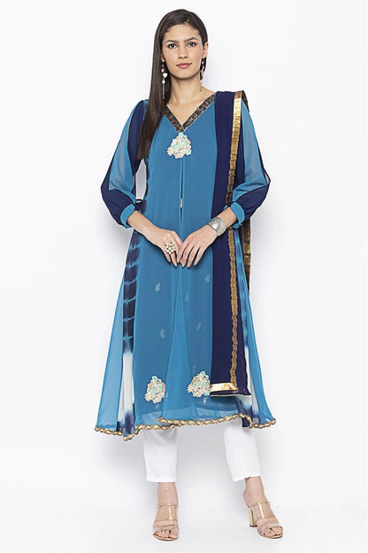 Blue Plus Size Stitched Georgette Embroidery Pant Style Suit NCSS10710558