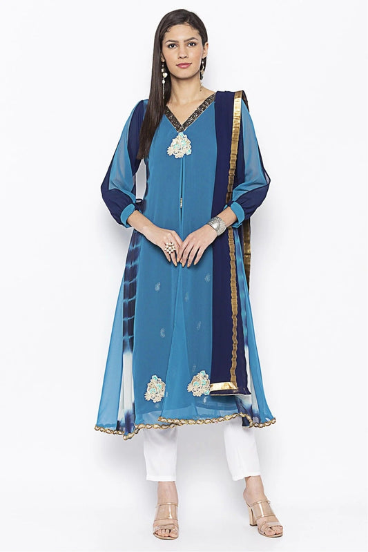 Blue Plus Size Stitched Georgette Embroidery Pant Style Suit NCSS10710558
