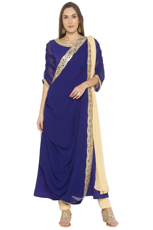 Blue Plus Size Stitched Georgette Embroidery Pant Style Suit NCSS10710574