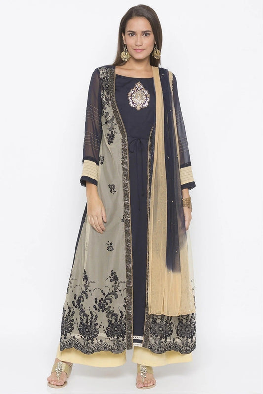 Blue Plus Size Stitched Net Embroidery Palazzo Pant Suit NCSS10710591
