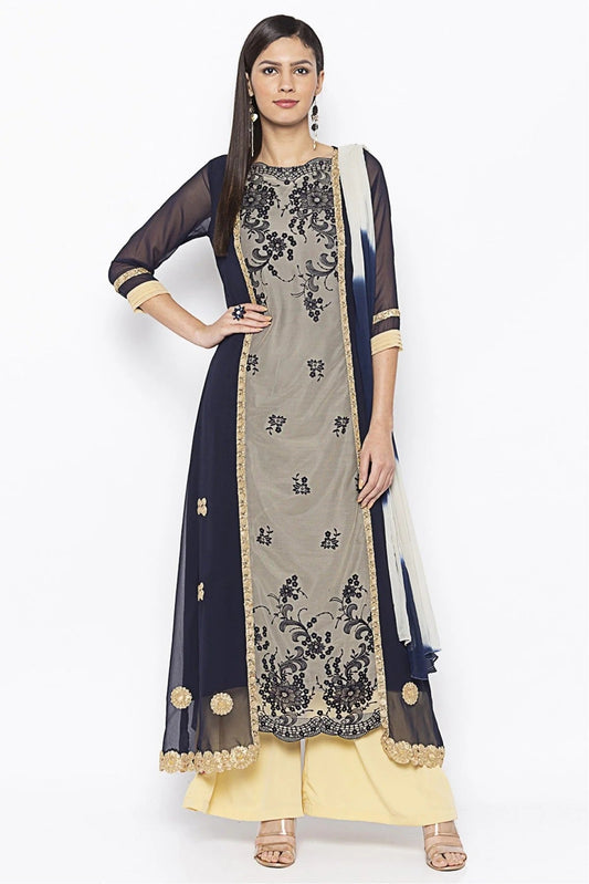 Blue Plus Size Stitched Net Embroidery Palazzo Pant Suit NCSS10710595