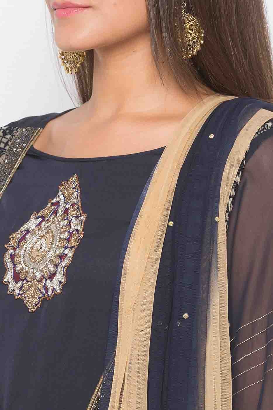 Blue Plus Size Stitched Net Embroidery Pant Style Suit NCSS10710592