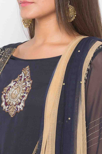 Blue Plus Size Stitched Net Embroidery Pant Style Suit NCSS10710592