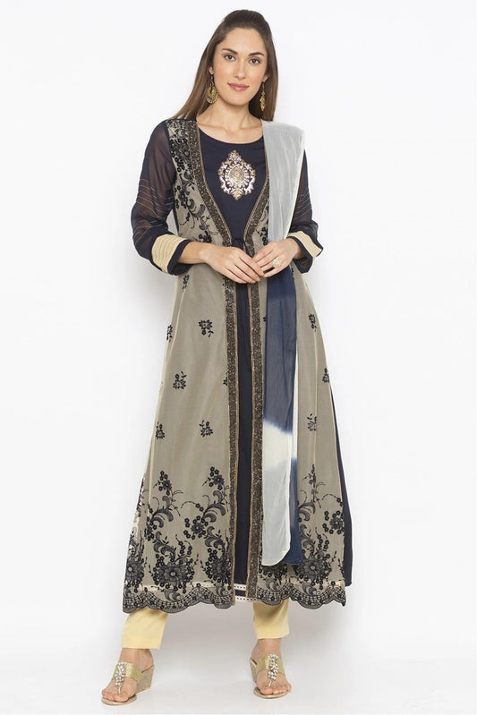 Blue Plus Size Stitched Net Embroidery Pant Style Suit NCSS10710592