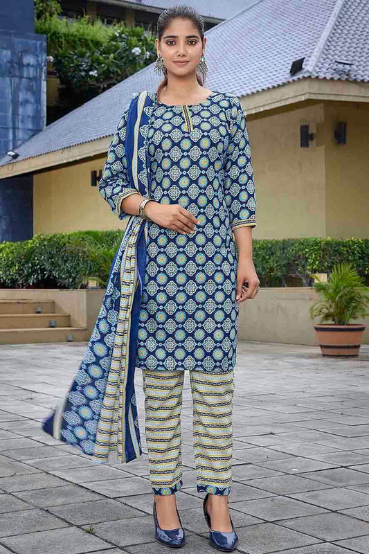Blue Printed Cotton Blend Pant Style Suit NCSS11110514