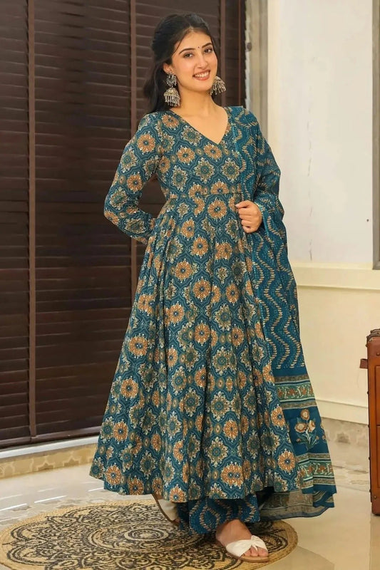 Blue Printed Muslin Stitched Suit NCSS11111305