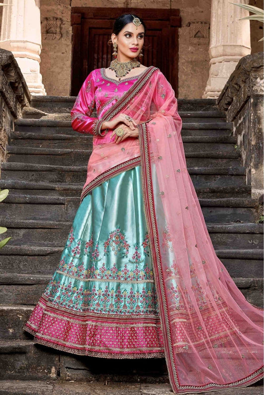 Blue Pure Satin Resham Lehenga Choli NCLC10810442