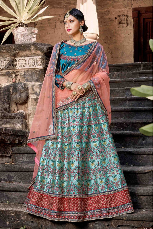 Blue Pure Satin Resham Lehenga Choli NCLC10810443