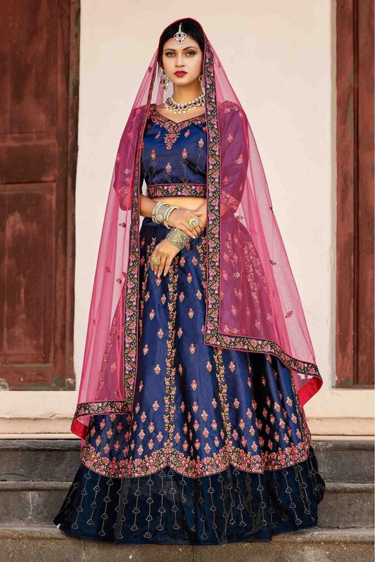 Blue Pure Satin Thread Lehenga Choli NCLC10810508