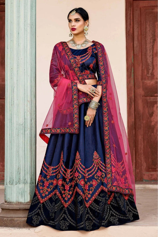 Blue Pure Satin Thread Lehenga Choli NCLC10810509