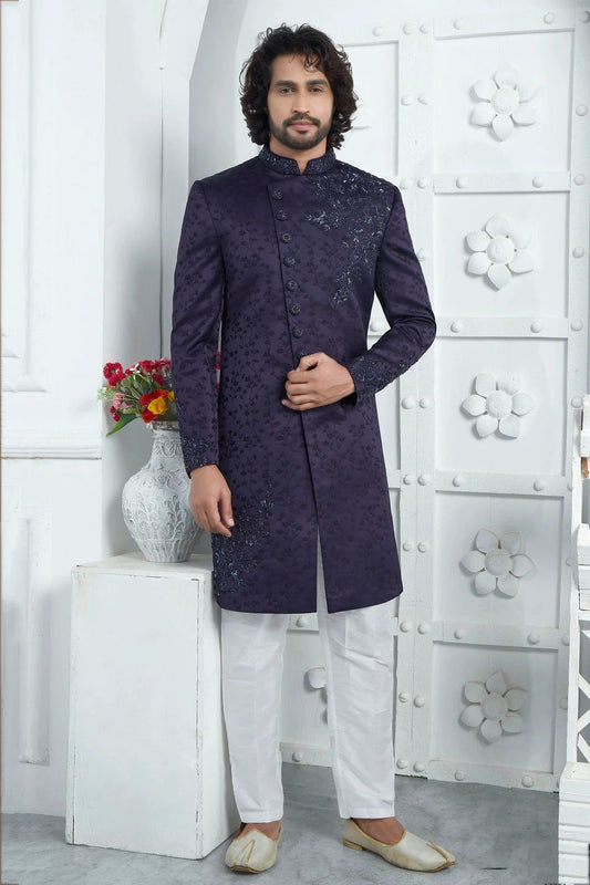 Blue Purple Art Silk Sherwan With Aligadhi Pant NCSH12310290