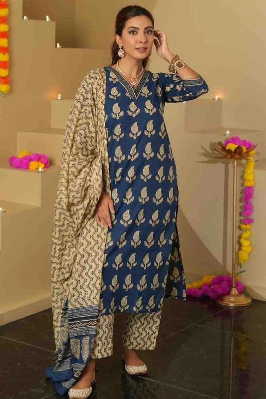 Blue Roman Slub Printed Pant Style Suit NCSS11110308