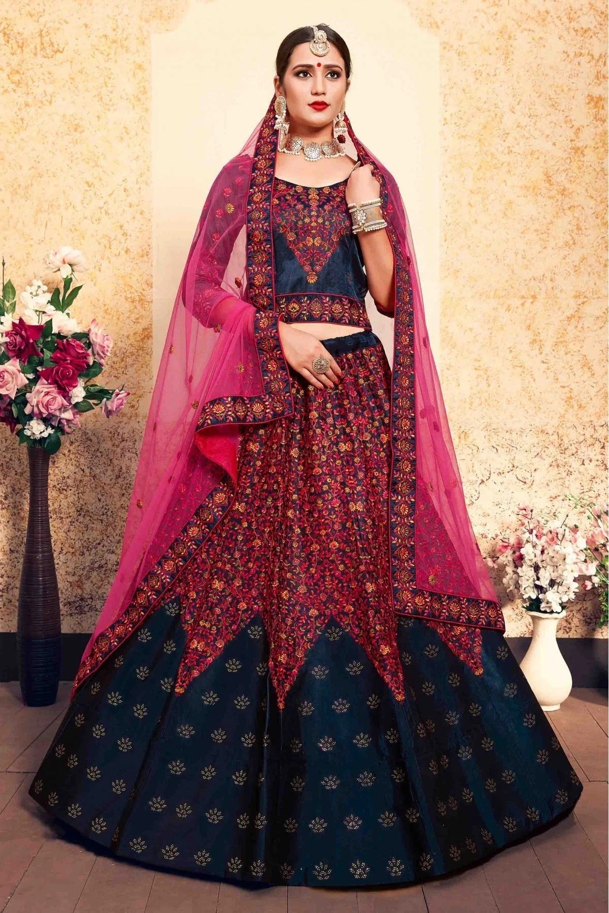 Blue Satin Embroidery Lehenga Choli NCLC10810447