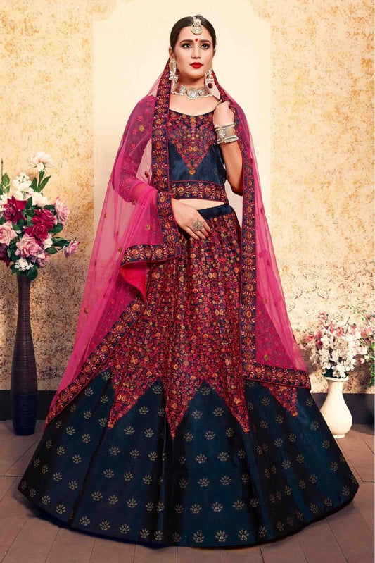 Blue Satin Embroidery Lehenga Choli NCLC10810447