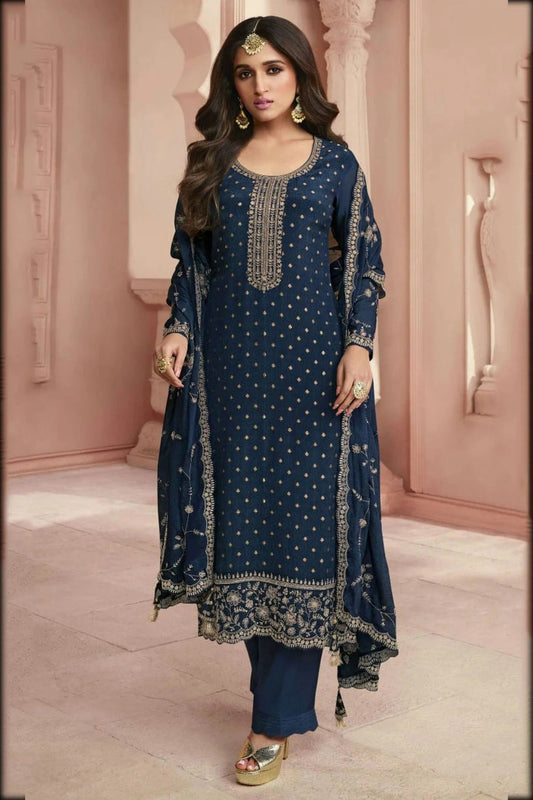 Blue Semi Stitched Dola Jacquard Silk Pant Style Suit NCSM11410407