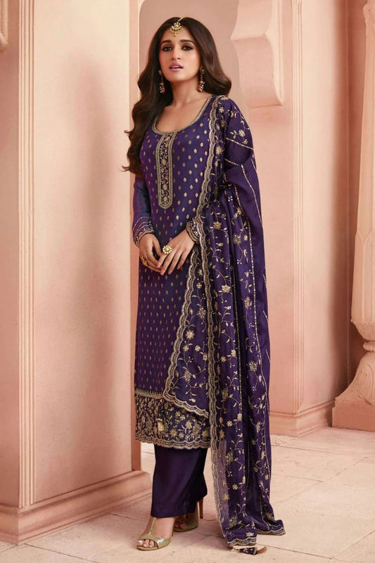 Blue Semi Stitched Dola Jacquard Silk Pant Style Suit NCSM11410409