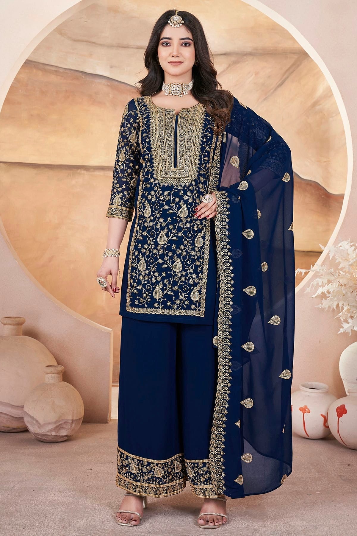 Blue Semi Stitched Georgette Palazzo Pant Suit NCSM11111013