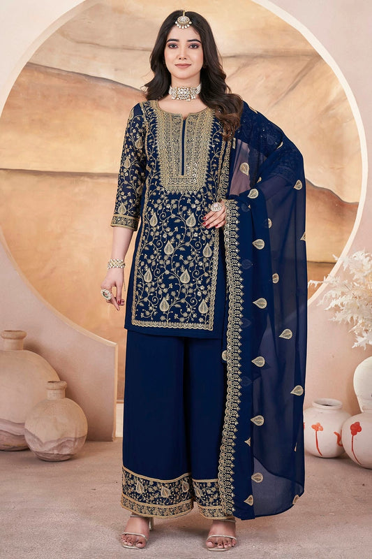 Blue Semi Stitched Georgette Palazzo Pant Suit NCSM11111013