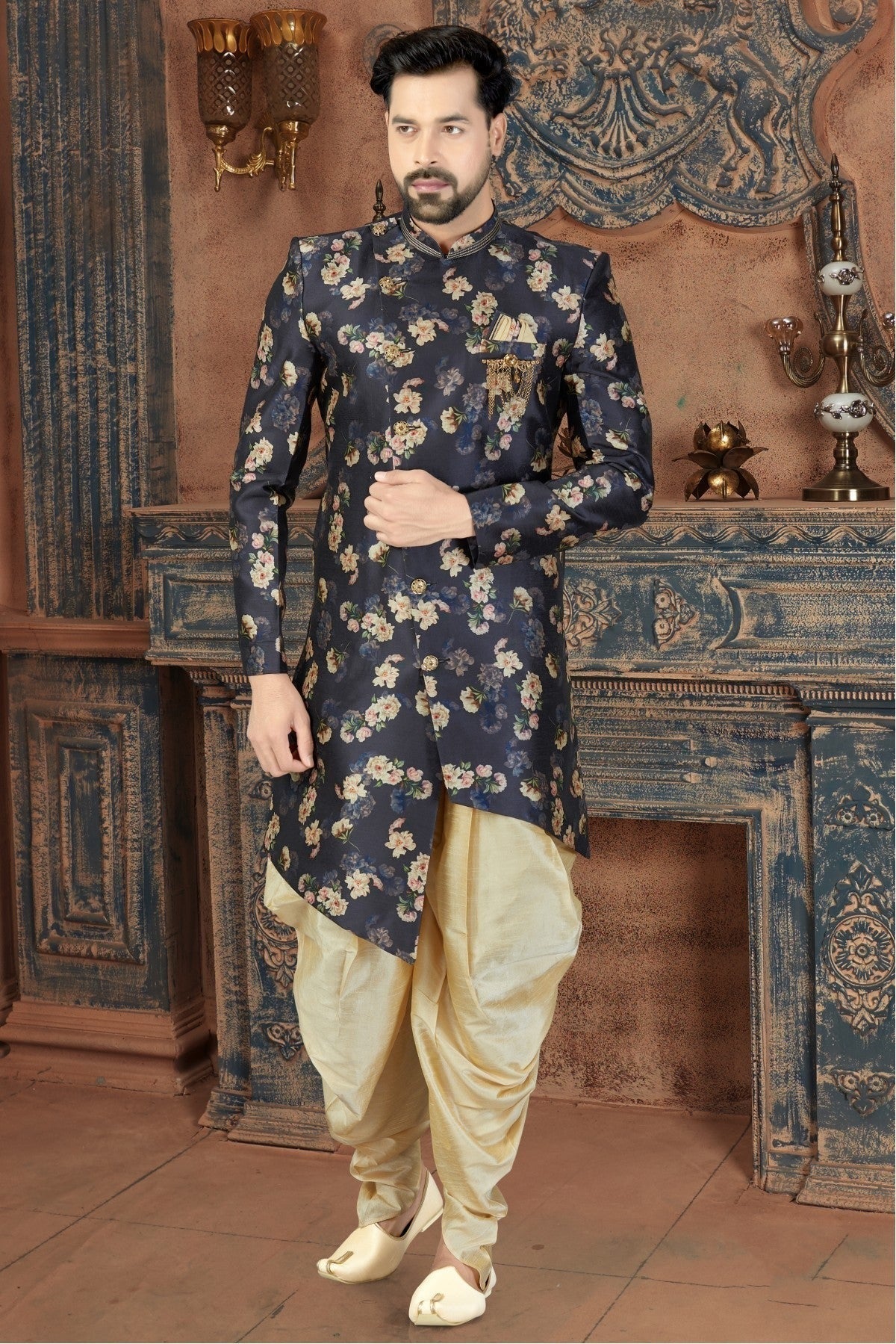 Blue Silk Party Wear Dhoti Sherwani NCSH10410341