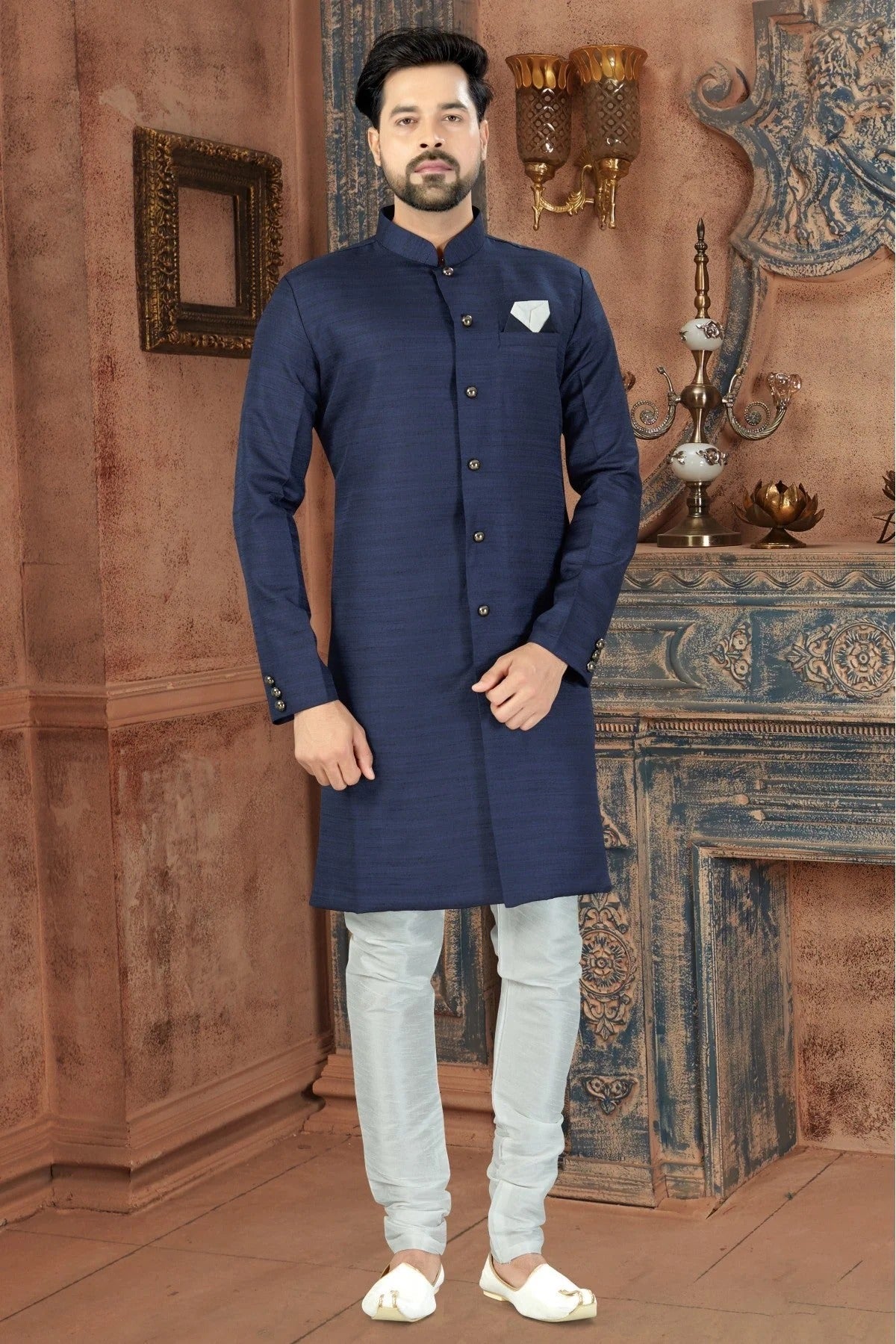 Blue Silk Party Wear Sherwani NCSH10410346