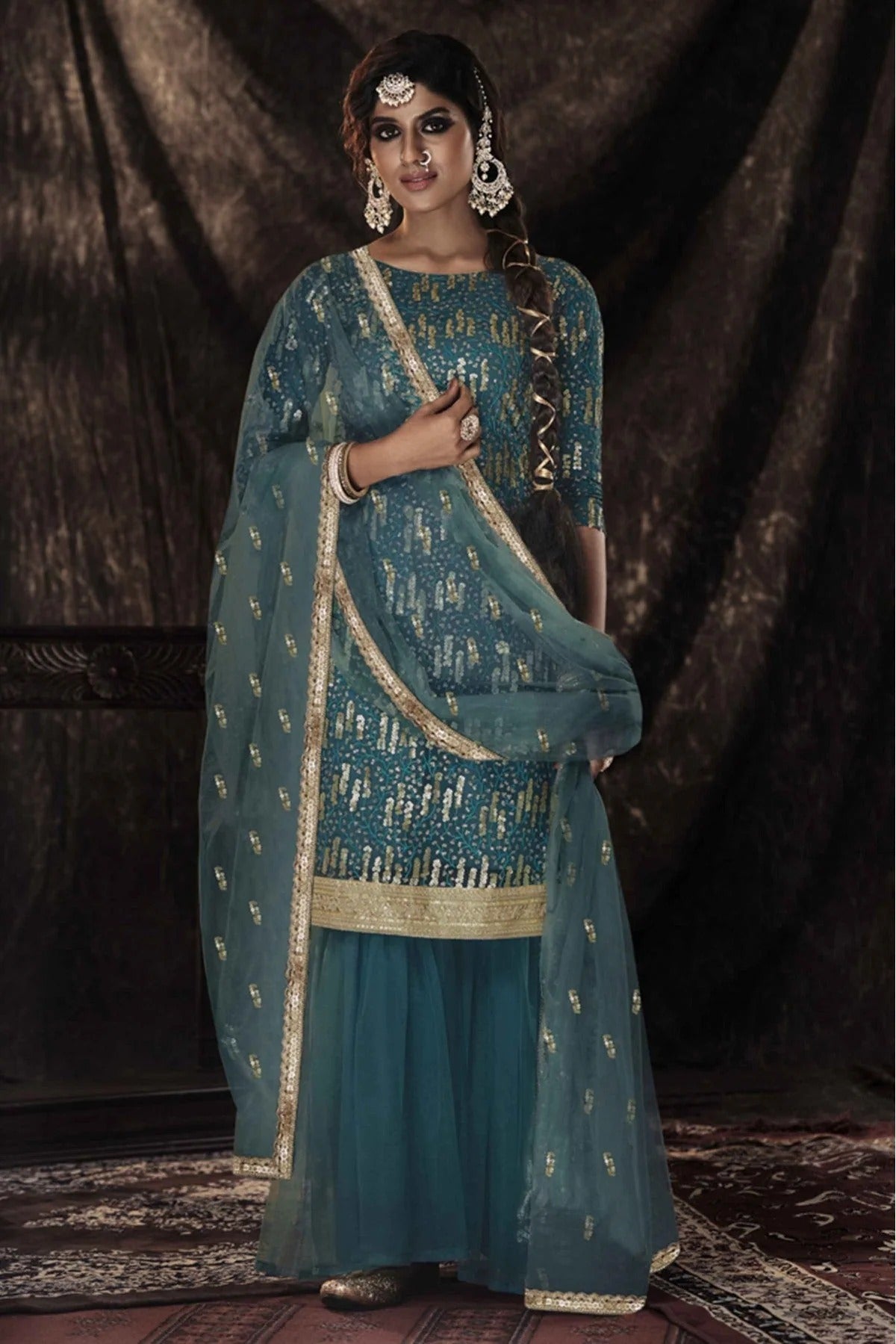 Blue Soft Net Sequins Sharara Suit NCSM10810367