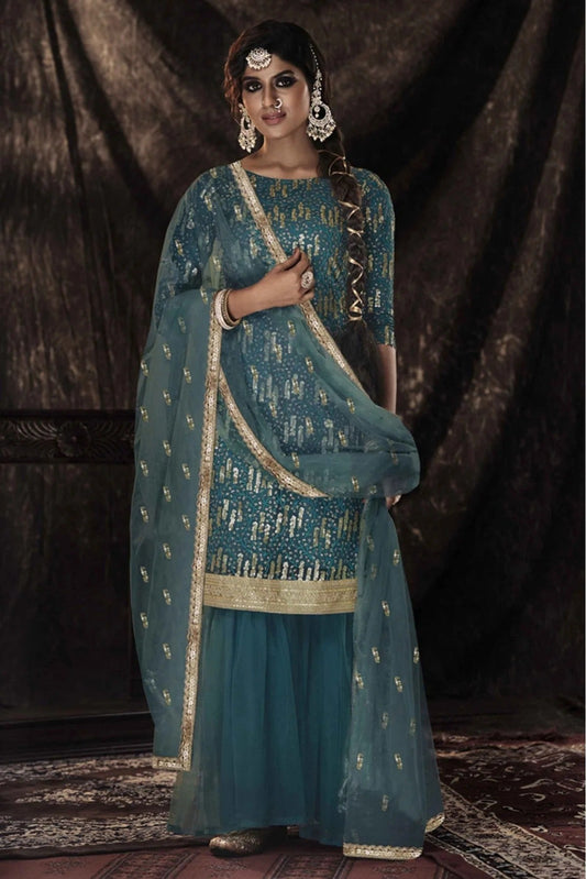 Blue Soft Net Sequins Sharara Suit NCSM10810367