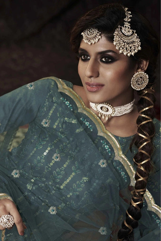 Blue Soft Net Sequins Sharara Suit NCSM10810370