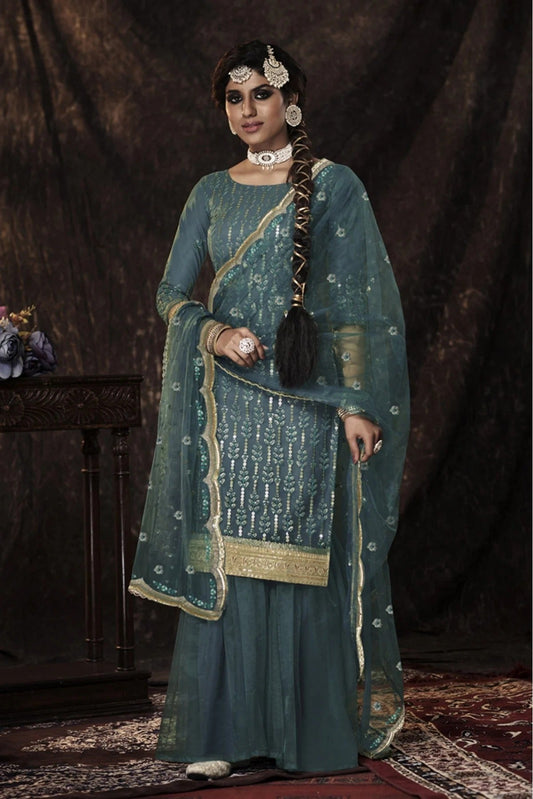 Blue Soft Net Sequins Sharara Suit NCSM10810370