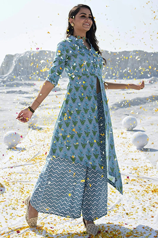 Blue Stitched Cotton Top and Bottom  NCTP11111342