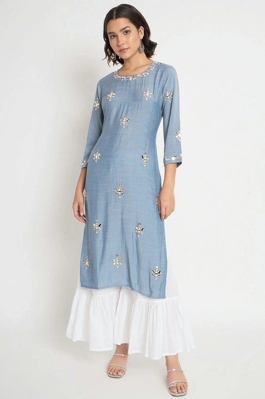 Blue Stitched Viscose Top and Bottom  NCTP11111340
